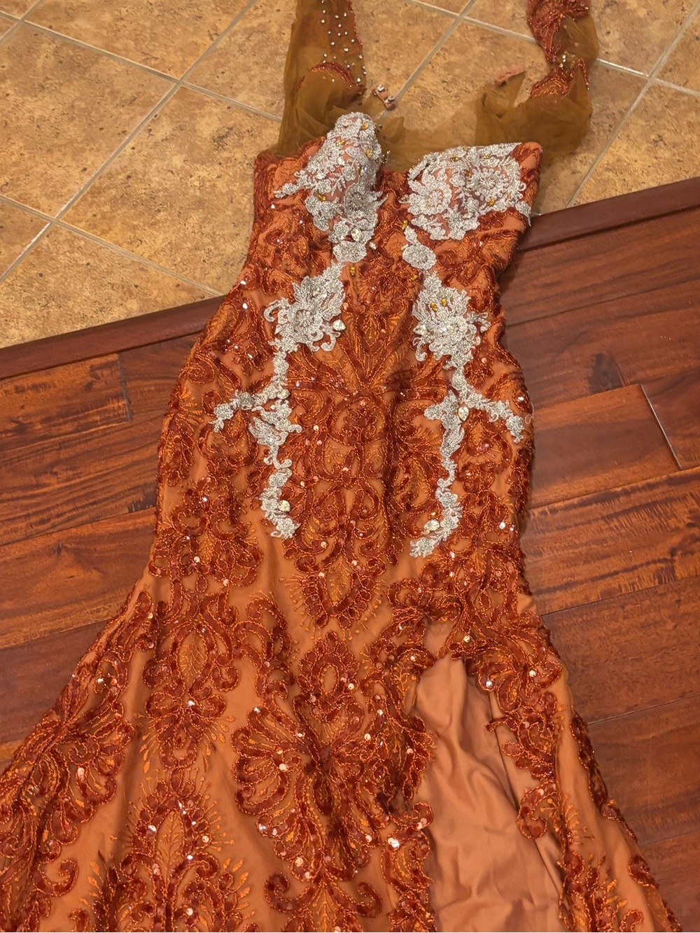 Hand Crafted Copper Orange Beaded Wedding Dress with Silver Appliqué